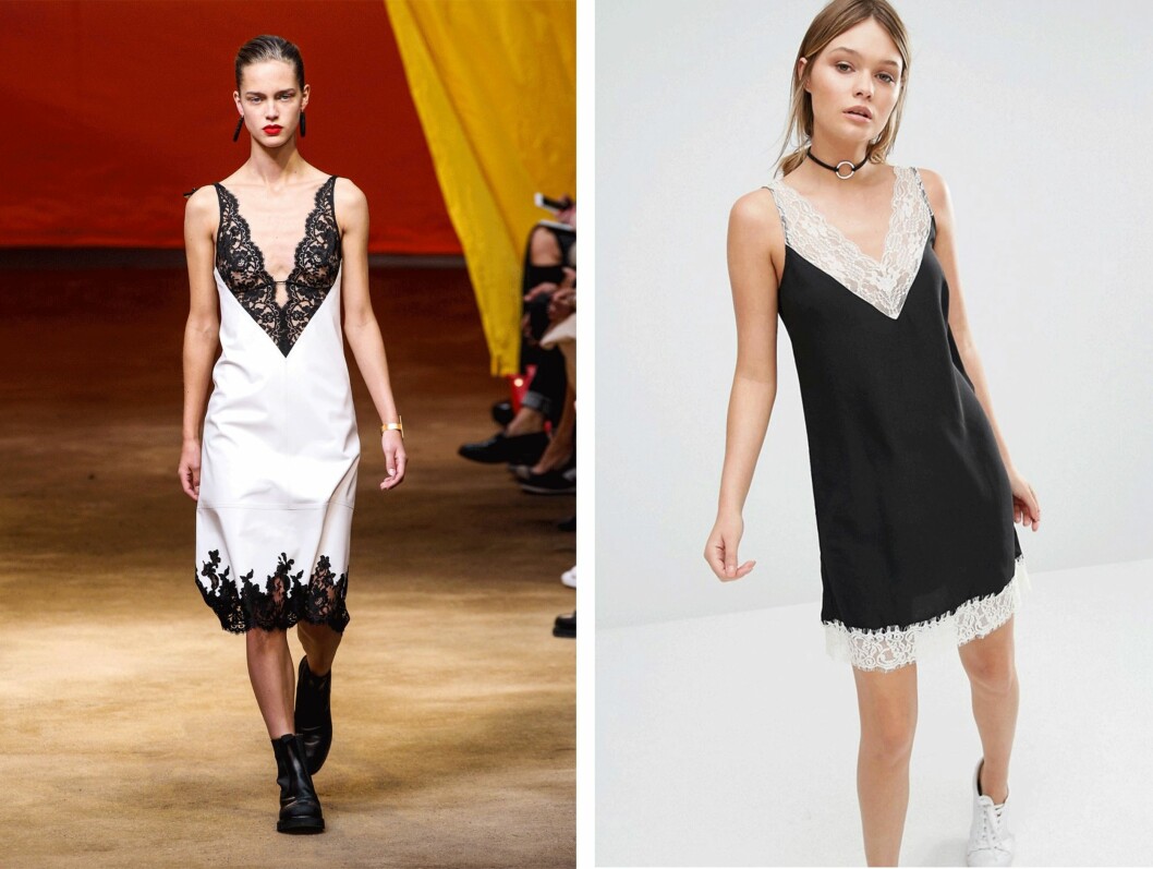 CELINE VS NEW LOOK: Slip dress-kjolen er superpopulær, og det skjønte nok New Look da de så denne kreasjonen fra Celine (til venstre) på catwalken (pris ukjent). Kjolen til høyre er fra New Look via Asos.com og koster kroner 328. Foto: Scanpix, Asos.com CELINE VS NEW LOOK: Slip dress-kjolen er superpopulær, og det skjønte nok New Look da de så denne kreasjonen fra Celine (til venstre) på catwalken (pris ukjent). Kjolen til høyre er fra New Look via Asos.com og koster kroner 328. Foto: Scanpix, Asos.com