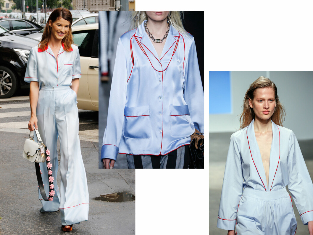 PYSJAMAS: Den lyseblå varianten er populær. Det norske stilikonet Hanneli Mustaparta ankom Pradas visning i motehusets design fra topp til tå. Øverst til vestre: Alexander Wang SS16. Nederst til høyre: Thakoon SS16. Foto: Scanpix PYSJAMAS: Den lyseblå varianten er populær. Det norske stilikonet Hanneli Mustaparta ankom Pradas visning i motehusets design fra topp til tå. Øverst til vestre: Alexander Wang SS16. Nederst til høyre: Thakoon SS16. Foto: Scanpix