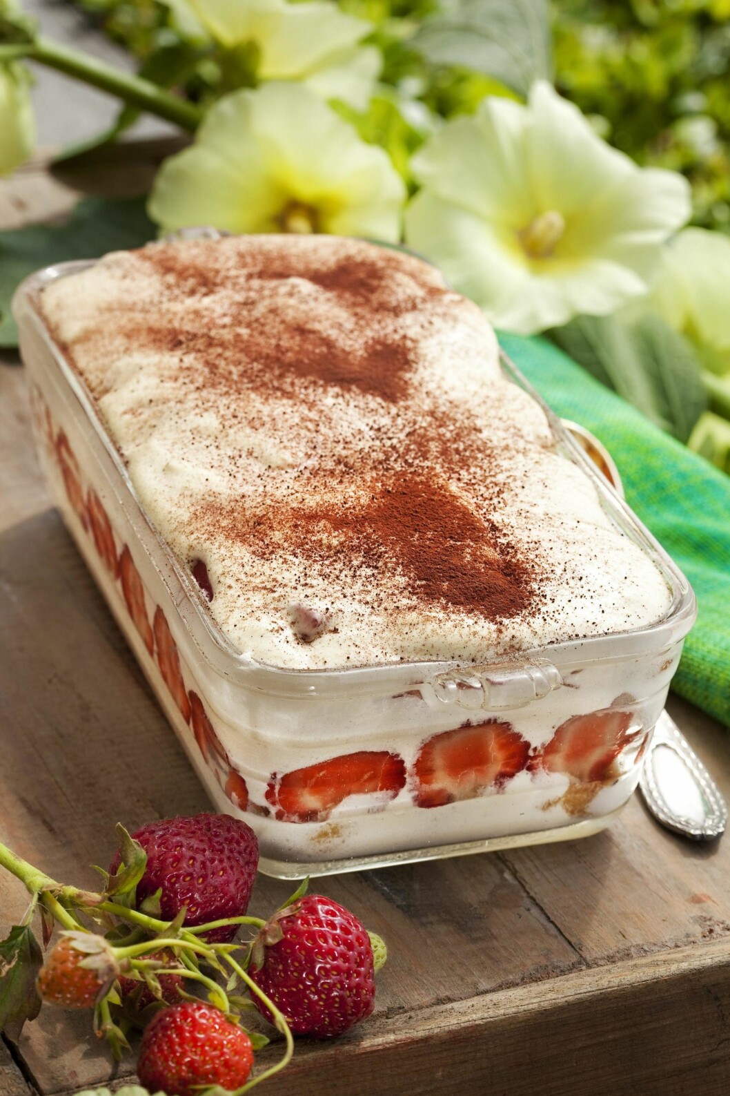 JORDBÆRTIRAMISU: Tiramisu er opprinnelig en italiensk dessert med smak av kaffe og søt vin. Her får du en norsk variant med jordbær mellom lagene. Foto: Anette Nilsson JORDBÆRTIRAMISU: Tiramisu er opprinnelig en italiensk dessert med smak av kaffe og søt vin. Her får du en norsk variant med jordbær mellom lagene. Foto: Anette Nilsson