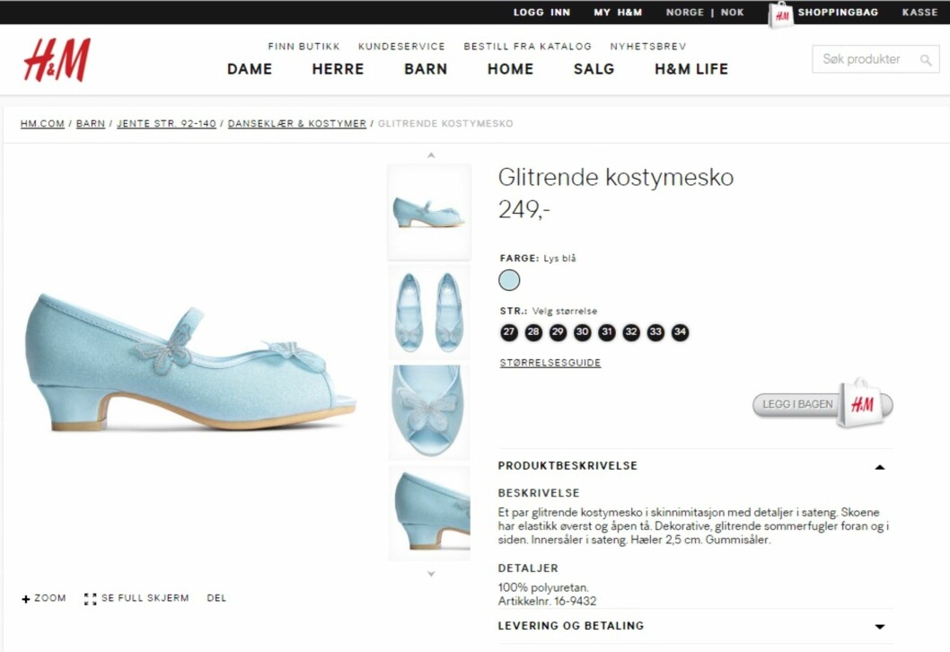 <strong>ENDRET PRODUKTINFO:</strong> Etter at KK.no tok kontakt med PR-sjefen i HM.com, ble produktinformasjonen omformulert og merket med «glitrende kostymesko». Før dette sto det ingenting om at barneskoen med hæl er ment for spesielle anledninger, og kan gi inntrykk av at dette er en hverdagssko. Foto: Skjermdump HM.com <strong>ENDRET PRODUKTINFO:</strong> Etter at KK.no tok kontakt med PR-sjefen i HM.com, ble produktinformasjonen omformulert og merket med «glitrende kostymesko». Før dette sto det ingenting om at barneskoen med hæl er ment for spesielle anledninger, og kan gi inntrykk av at dette er en hverdagssko. Foto: Skjermdump HM.com