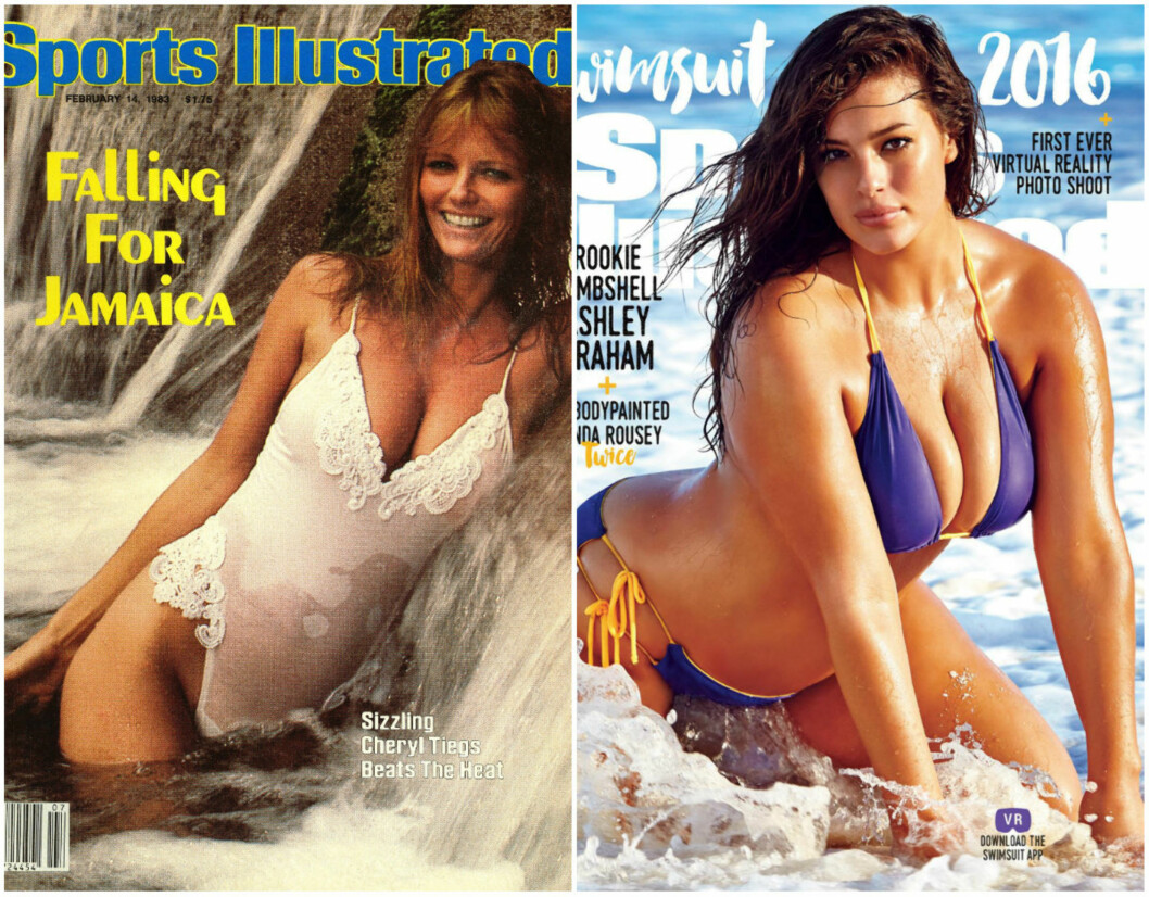 FORSIDEPIKER: Til venstre ser du Cheryl Tiegs Sports Illustrated-cover fra 1983, og til venstre ser du Ashley Grahams fra 2016. Foto: Scanpix FORSIDEPIKER: Til venstre ser du Cheryl Tiegs Sports Illustrated-cover fra 1983, og til venstre ser du Ashley Grahams fra 2016. Foto: Scanpix