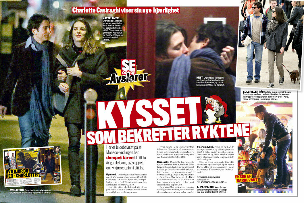 FAKSIMILE: I desember publiserte Se og Hør eksklusive bilder av Charlotte Casiraghi og Lamberto Sanfelice i het omfavnelse i Paris. Foto: Faksimile Se og Hør FAKSIMILE: I desember publiserte Se og Hør eksklusive bilder av Charlotte Casiraghi og Lamberto Sanfelice i het omfavnelse i Paris. Foto: Faksimile Se og Hør