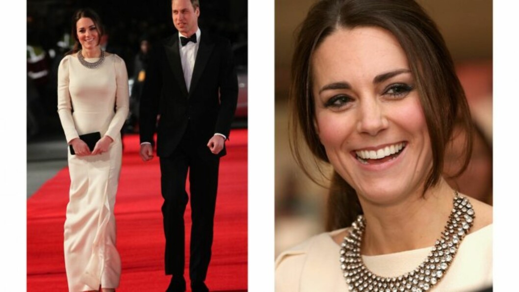 <strong>SMYKKE FRA ZARA:</strong> Hertuginnen hadde på seg kjole fra Roland Mouret og smykke fra Zara til 200 kroner. Foto: All Over Press <strong>SMYKKE FRA ZARA:</strong> Hertuginnen hadde på seg kjole fra Roland Mouret og smykke fra Zara til 200 kroner. Foto: All Over Press