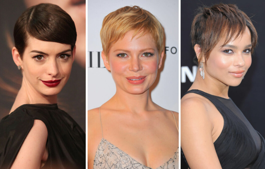 <strong>KORT OG GODT:</strong> Anne Hathaway (f.v.), Michelle Williams og Zoe Kravitz beviser at man slettes ikke trenger lange lokker for å se både feminin og sexy ut. Foto: All Over Press <strong>KORT OG GODT:</strong> Anne Hathaway (f.v.), Michelle Williams og Zoe Kravitz beviser at man slettes ikke trenger lange lokker for å se både feminin og sexy ut. Foto: All Over Press