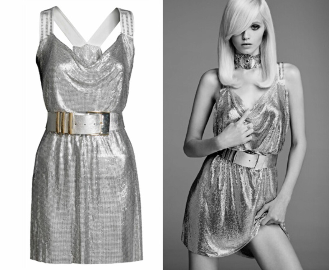 BESTSELGEREN? Den metalliske kjolen i sølv (kommer også i gull) er spådd til å bli de mest populære H&M for Versace-plaggene (kr.1999/H&M). Foto: H&M BESTSELGEREN? Den metalliske kjolen i sølv (kommer også i gull) er spådd til å bli de mest populære H&M for Versace-plaggene (kr.1999/H&M). Foto: H&M