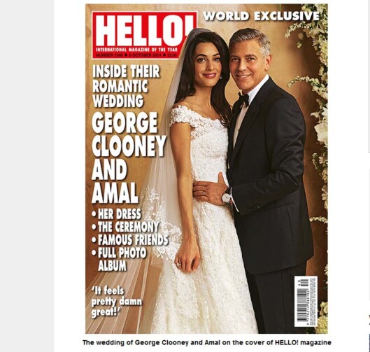 GIFTET SEG I OSCAR DE LA RENTA: Amal og George Clooney giftet seg i begynellsen av oktober. Foto: Faksimile: Hello Magazine october 2014 GIFTET SEG I OSCAR DE LA RENTA: Amal og George Clooney giftet seg i begynellsen av oktober. Foto: Faksimile: Hello Magazine october 2014