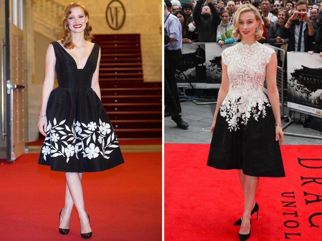 I SORT OG HVITT: Skuespillerne Jessica Chastain og Sarah Gadon i kjoler fra Oscar de la Renta. Foto: All Over Press I SORT OG HVITT: Skuespillerne Jessica Chastain og Sarah Gadon i kjoler fra Oscar de la Renta. Foto: All Over Press