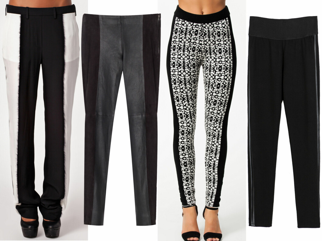 <strong>I SVART OG HVITT:</strong> Fra venstre i løs stil (kr 4895, Neil Barrett), i skinn med bomullsstripe i siden (fra Zara), møsntret (kr 1395, Dagmar) og med tynn stripe (kr 300, Zara). Foto: Produsenter <strong>I SVART OG HVITT:</strong> Fra venstre i løs stil (kr 4895, Neil Barrett), i skinn med bomullsstripe i siden (fra Zara), møsntret (kr 1395, Dagmar) og med tynn stripe (kr 300, Zara). Foto: Produsenter