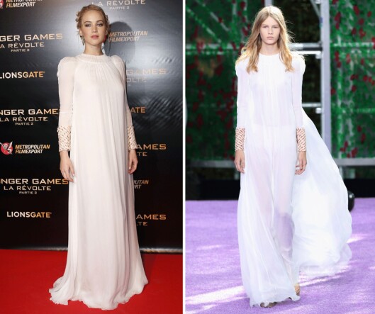 JENNIFER LAWRENCE: Hunger Games- stjerna er ofte å se på den røde løperen. Her poserer hun i en kjole designet av Christian Dior. Bilde til høyre er fra catwalken under Dior sin kolleksjon. Foto: Scanpix.no JENNIFER LAWRENCE: Hunger Games- stjerna er ofte å se på den røde løperen. Her poserer hun i en kjole designet av Christian Dior. Bilde til høyre er fra catwalken under Dior sin kolleksjon. Foto: Scanpix.no