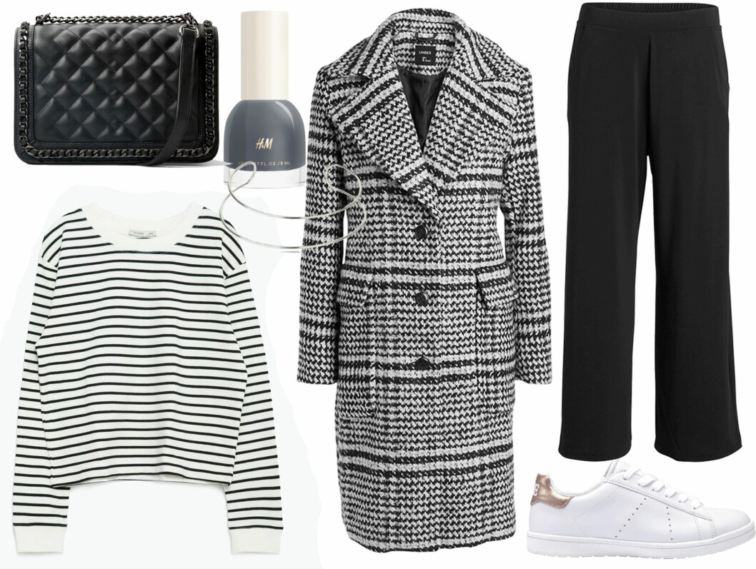BILLIG: Veske fra Mango, kr 499. Genser fra Zara, kr 499. Neglelakk fra H&M, kr 50. Armebånd fra Ginatricot, kr 129. Jakke fra Lindex, kr 899. Bukse fra Lindex, kr 349. Sko fra Ellos, kr 349. Foto: Produsentene BILLIG: Veske fra Mango, kr 499. Genser fra Zara, kr 499. Neglelakk fra H&M, kr 50. Armebånd fra Ginatricot, kr 129. Jakke fra Lindex, kr 899. Bukse fra Lindex, kr 349. Sko fra Ellos, kr 349. Foto: Produsentene