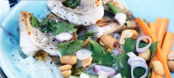 Sprøstekt fisk med glassnudelsalat og peanøtter Sprøstekt fisk med glassnudelsalat og peanøtter
