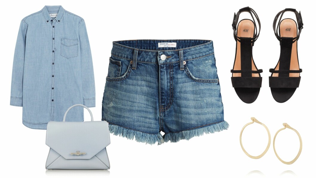 DENIMSHORTSEN: Skjorte fra Madewell, kr 670. Vekse fra Givenchy, ca. kr 18 550. Shorts fra Lindex, kr 249. Sandaler fra H&M, kr 299. Øredobber fra Melissa Joy, ca. kr 1500. Foto: produsentene, net-a-porter.com, mytheresa.com DENIMSHORTSEN: Skjorte fra Madewell, kr 670. Vekse fra Givenchy, ca. kr 18 550. Shorts fra Lindex, kr 249. Sandaler fra H&M, kr 299. Øredobber fra Melissa Joy, ca. kr 1500. Foto: produsentene, net-a-porter.com, mytheresa.com