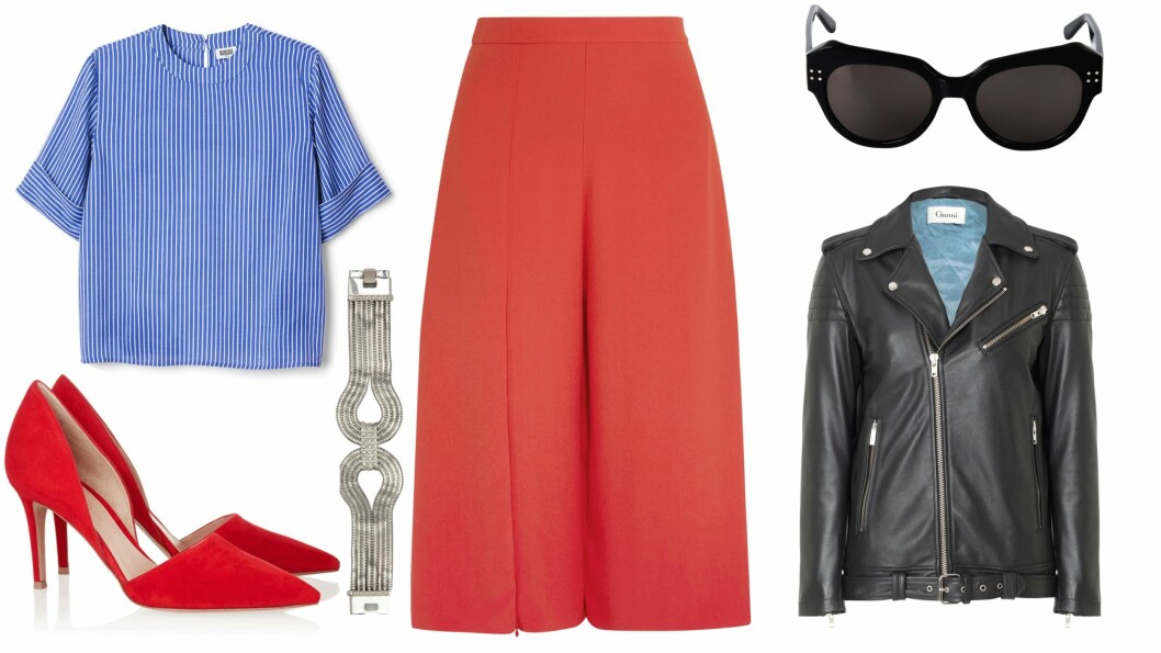 CULOTTEBUKSENE: Topp fra Weekday, kr 350. Sko fra Gianvito Rossi, ca. kr 4700. Armbåde fra Lara Bohinc, kr 4000. Culottebukser fra Chalayan, ca. kr 4100. Solbriller fra FWSS, kr 1599. Skinnjakke fra Ganni, kr 4949. Foto: produsentene, net-a-porter.com, mytheresa.com CULOTTEBUKSENE: Topp fra Weekday, kr 350. Sko fra Gianvito Rossi, ca. kr 4700. Armbåde fra Lara Bohinc, kr 4000. Culottebukser fra Chalayan, ca. kr 4100. Solbriller fra FWSS, kr 1599. Skinnjakke fra Ganni, kr 4949. Foto: produsentene, net-a-porter.com, mytheresa.com