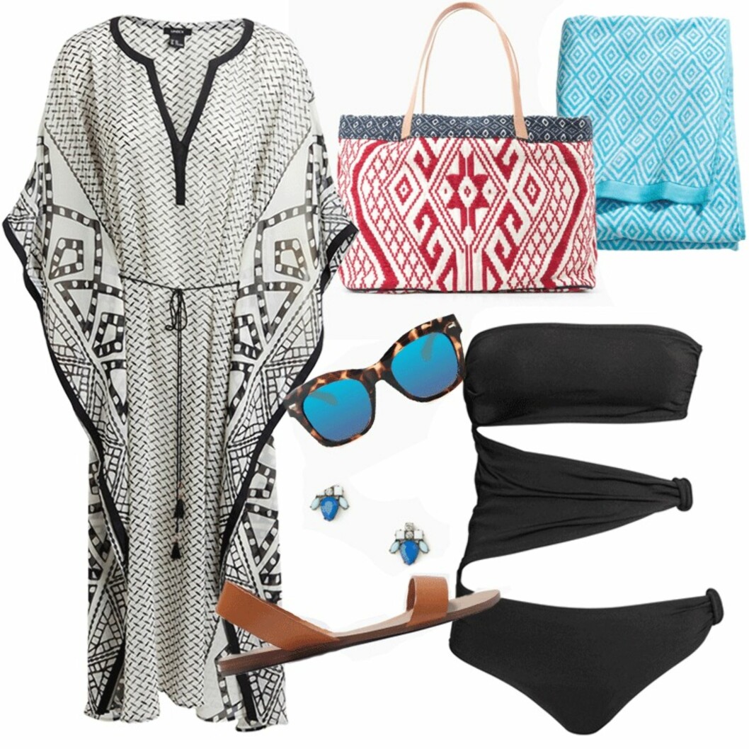 LØRDAG: Kaftan fra Lindex, kr 399. Strandveske fra Mango, kr 399. Solbriller fra Mango, kr 199. Øredobber fra Mango, kr 99. Sandaler fra Zara, kr 259. Strandhåndkle fra H&M, kr 149. Badedrakt fra H&M, kr 199. Foto: Produsentene LØRDAG: Kaftan fra Lindex, kr 399. Strandveske fra Mango, kr 399. Solbriller fra Mango, kr 199. Øredobber fra Mango, kr 99. Sandaler fra Zara, kr 259. Strandhåndkle fra H&M, kr 149. Badedrakt fra H&M, kr 199. Foto: Produsentene