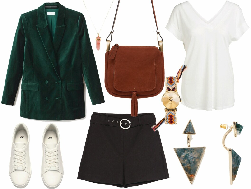 FREDAG: Blazer fra Weekday, kr 1200. Sneakers fra H&M, kr 249. Kjede fra Asos.com, kr 162. Veske fra Zara, kr 679. Shorts fra Zara, kr 559. T-skjorte fra Lindex, kr 179. Øredobber fra Asos.com, kr 135. Foto: Produsentene FREDAG: Blazer fra Weekday, kr 1200. Sneakers fra H&M, kr 249. Kjede fra Asos.com, kr 162. Veske fra Zara, kr 679. Shorts fra Zara, kr 559. T-skjorte fra Lindex, kr 179. Øredobber fra Asos.com, kr 135. Foto: Produsentene