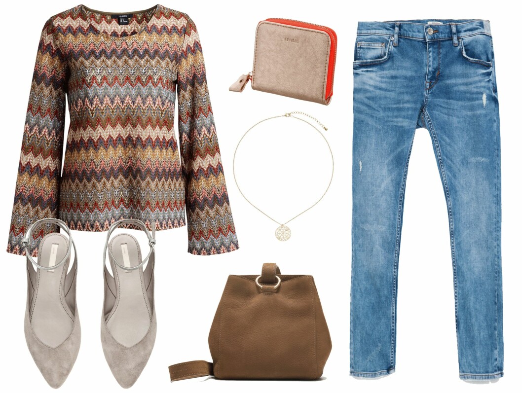 SØNDAG: Genser fra Lindex, kr 349. Sandaler fra H&M, kr 399. Lommebok fra Gina Tricot, kr 99. Kjede fra Gina Tricot, kr 59. Veske fra Zara, kr 679. Jeans fra Zara, kr 399. Foto: Produsentene SØNDAG: Genser fra Lindex, kr 349. Sandaler fra H&M, kr 399. Lommebok fra Gina Tricot, kr 99. Kjede fra Gina Tricot, kr 59. Veske fra Zara, kr 679. Jeans fra Zara, kr 399. Foto: Produsentene