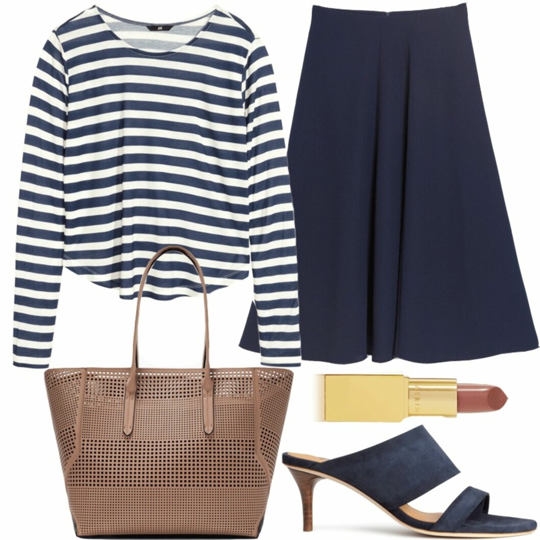 SHOP ANTREKKET: Genser fra H&M, kr 99. Veske fra Zara, kr 299. Skjørt fra Mango, kr 499. Leppestift fra Aerin i fargen "Rose de grasse" via net-a-porter, ca. kr 255. Sko i semsket skinn fra H&M, kr 799. Foto: Produsentene SHOP ANTREKKET: Genser fra H&M, kr 99. Veske fra Zara, kr 299. Skjørt fra Mango, kr 499. Leppestift fra Aerin i fargen "Rose de grasse" via net-a-porter, ca. kr 255. Sko i semsket skinn fra H&M, kr 799. Foto: Produsentene