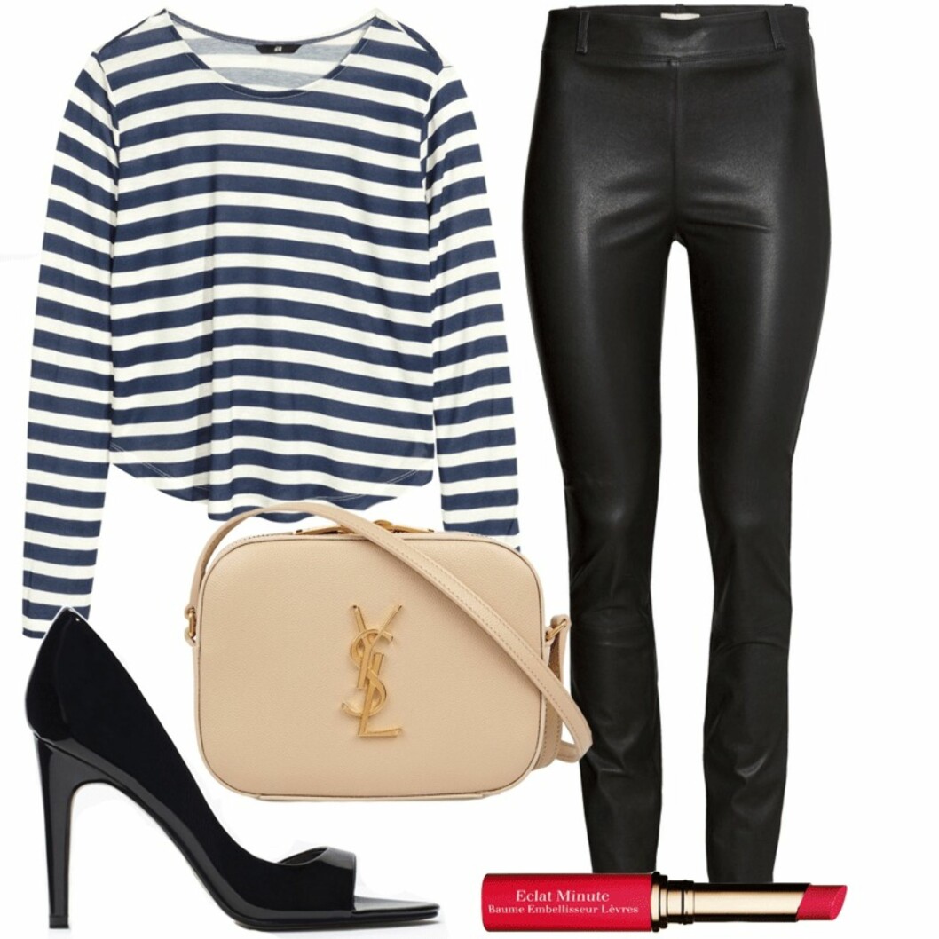 SHOP ANTREKKET: Genser fra H&M, kr 99. Veske fra Saint Laurent via net-a-porter, ca. kr 9575. Sko fra Zara, kr 399. Skinnbukser fra H&M, kr 2499. Instant Light Lip Balm Peerfector fra Clarins i fargen "Red", kr 195. Foto: Produsentene, Net-a-porter.com SHOP ANTREKKET: Genser fra H&M, kr 99. Veske fra Saint Laurent via net-a-porter, ca. kr 9575. Sko fra Zara, kr 399. Skinnbukser fra H&M, kr 2499. Instant Light Lip Balm Peerfector fra Clarins i fargen "Red", kr 195. Foto: Produsentene, Net-a-porter.com