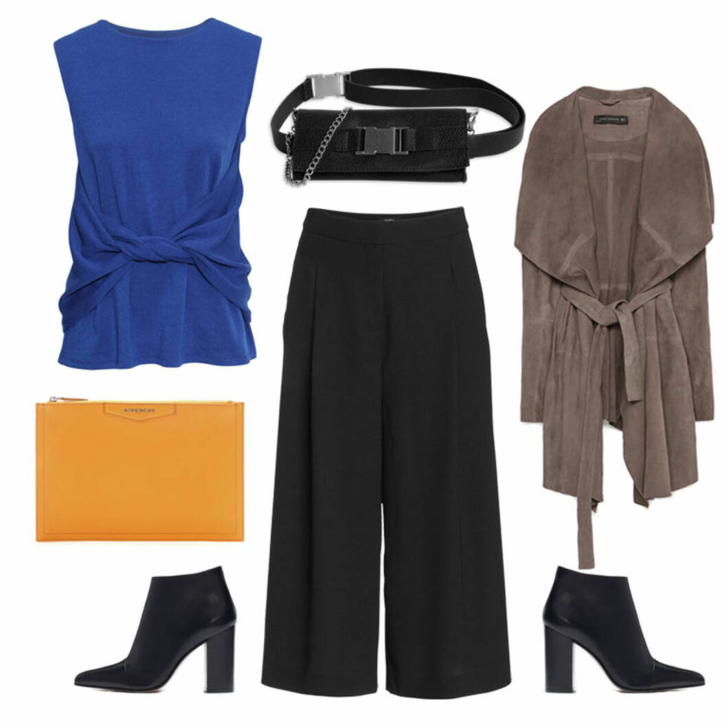 LØRDAG: Topp fra H&M, 349 kr. Veske fra Givenchy via Mytheresa.com, 2550 kr. Belte/veske fra Lindex, 199 kr. Culotter fra Lindex, 399 kr. Ankelstøvletter fra Zara, 799 kr. Jakke fra Zara, 2195 kr. Foto: Produsentene, Mytheresa.com. LØRDAG: Topp fra H&M, 349 kr. Veske fra Givenchy via Mytheresa.com, 2550 kr. Belte/veske fra Lindex, 199 kr. Culotter fra Lindex, 399 kr. Ankelstøvletter fra Zara, 799 kr. Jakke fra Zara, 2195 kr. Foto: Produsentene, Mytheresa.com.