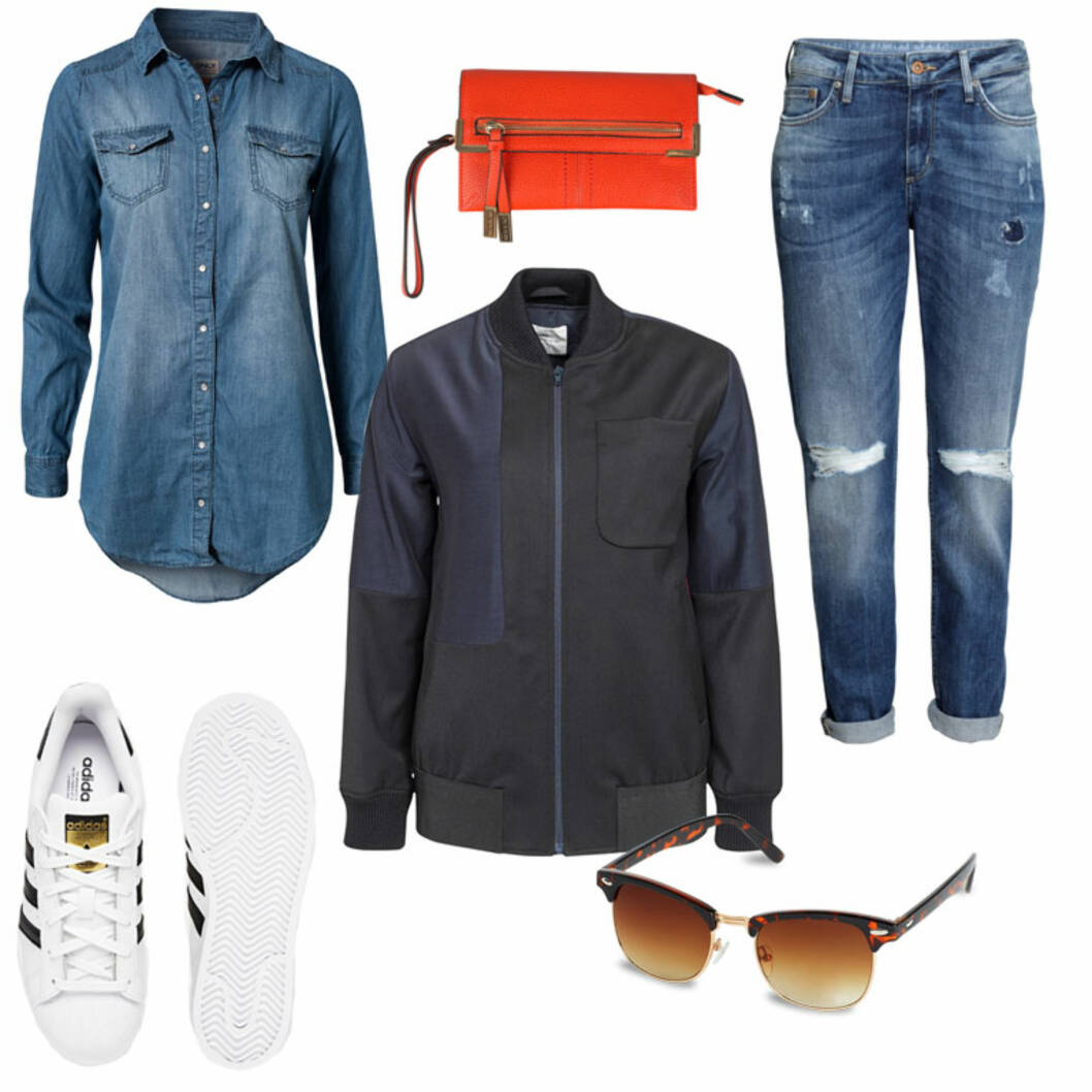 SØNDAG: Skjorte fra Only via Nelly.com, 259 kr. Sko fra Adidas Originals via Asos.com, 792 kr. Clutch fra River Island via Nelly.com, 199 kr. Jakke fra Wood Wood via Nelly.com, 3395 kr. Solbriller fra Lindex, kr 79,50. Jeans fra H&M, 399 kr. Foto: Produsentene, Nelly.com, Asos.com SØNDAG: Skjorte fra Only via Nelly.com, 259 kr. Sko fra Adidas Originals via Asos.com, 792 kr. Clutch fra River Island via Nelly.com, 199 kr. Jakke fra Wood Wood via Nelly.com, 3395 kr. Solbriller fra Lindex, kr 79,50. Jeans fra H&M, 399 kr. Foto: Produsentene, Nelly.com, Asos.com