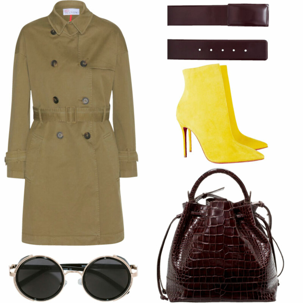 Trenchkåpe fra Red Valentino, ca. kr 5600. Solbriller fra Zara, kr 249. Belte fra Cos, kr 429. Skoletter fra Christian Louboutin, ca. kr 6600. Foto: Produsentene, Mytheresa.com, Net-a-porter.com Trenchkåpe fra Red Valentino, ca. kr 5600. Solbriller fra Zara, kr 249. Belte fra Cos, kr 429. Skoletter fra Christian Louboutin, ca. kr 6600. Foto: Produsentene, Mytheresa.com, Net-a-porter.com