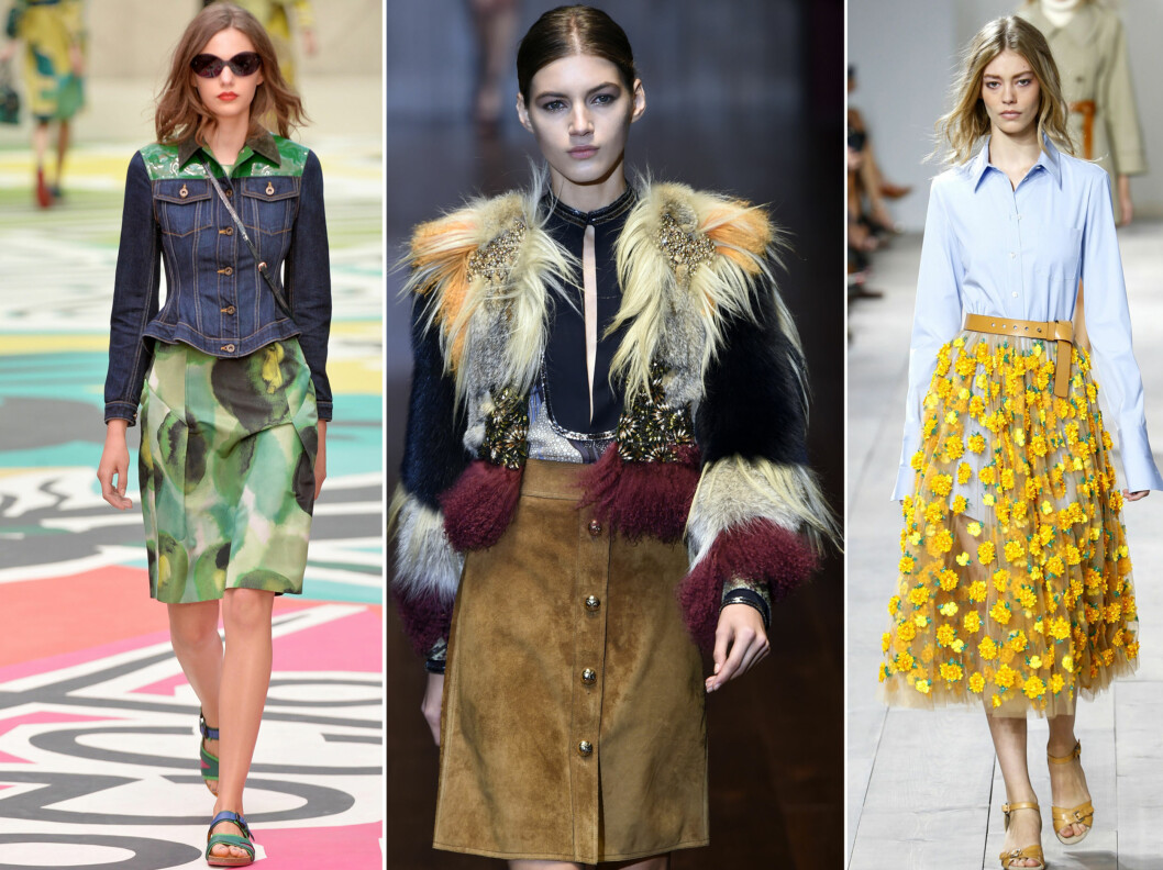 HER ER VÅRENS NYE SKJØRT: Bladgrønt, 70-tallet og blomsterrpint går igjen hos designere som Burberry Prorsum, Gucci og Michael Kors. Foto: All Over Press HER ER VÅRENS NYE SKJØRT: Bladgrønt, 70-tallet og blomsterrpint går igjen hos designere som Burberry Prorsum, Gucci og Michael Kors. Foto: All Over Press