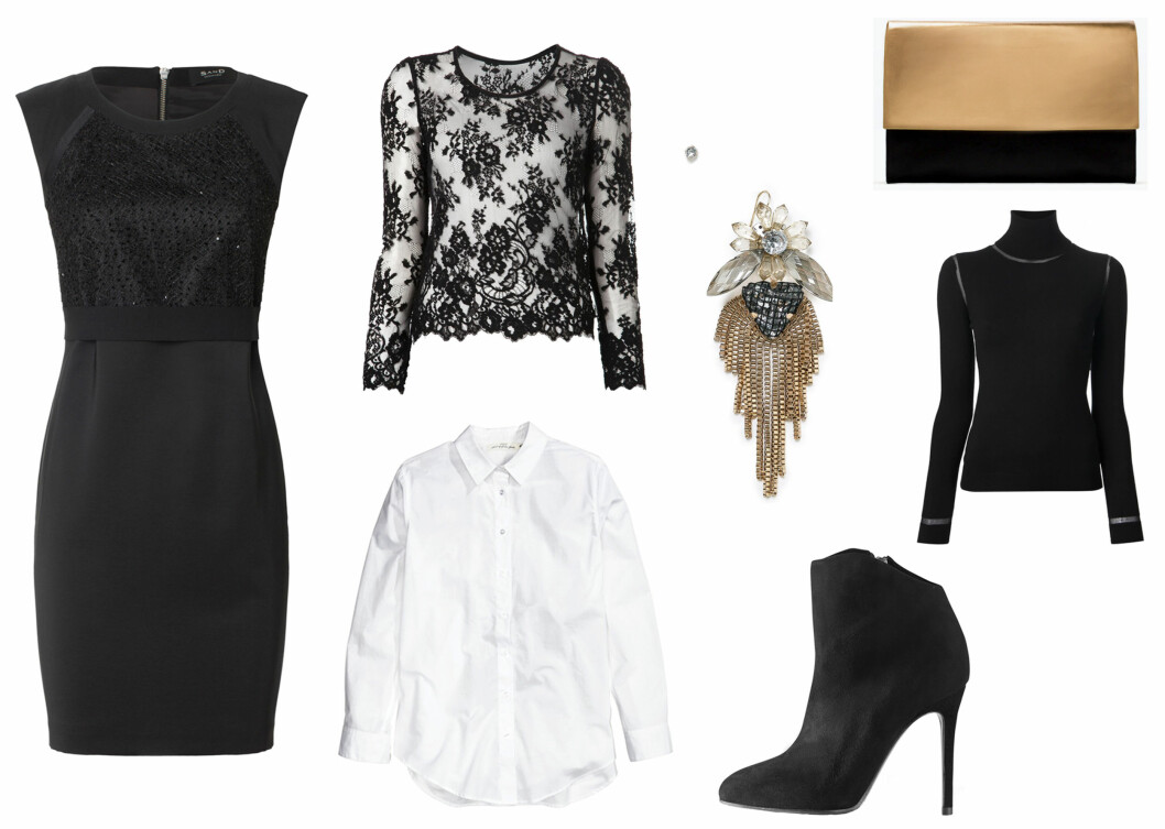 DEN KLASSISKE MÅTEN: Kjole (kr 1900, Sand), blondetopp (kr 3500, farfetch.com), øredobb (kr 150, Mango), clutch (kr 260, Zara), pologenser (kr 1900, farfetch.com), skjorte (kr 200, H&M) og ankelstøvler (kr 3200,Filippa k). Foto: Produsentene DEN KLASSISKE MÅTEN: Kjole (kr 1900, Sand), blondetopp (kr 3500, farfetch.com), øredobb (kr 150, Mango), clutch (kr 260, Zara), pologenser (kr 1900, farfetch.com), skjorte (kr 200, H&M) og ankelstøvler (kr 3200,Filippa k). Foto: Produsentene