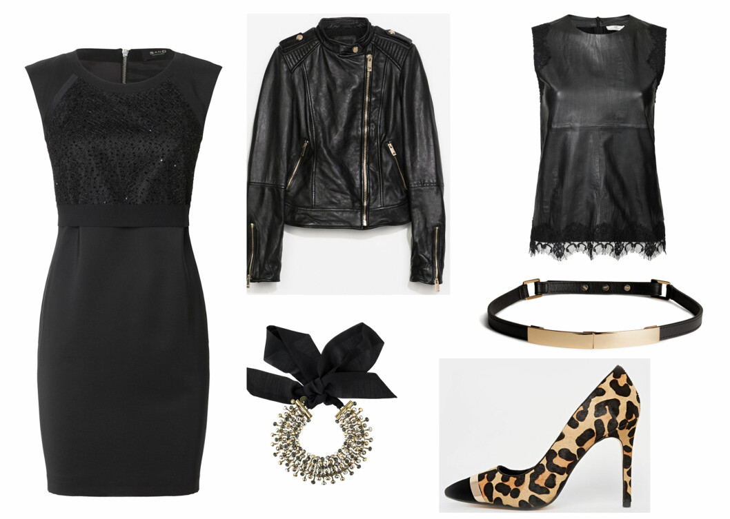 SKINNJAKKEN: Kjole (kr 1900, Sand), skinnjakke (kr 1795, Zara), skinnoverdel (kr 2500, Sand), armbånd (kr 900, Sand), belte (kr 200, H&M) og pumps (kr 950, asos.com). Foto: Produsentene SKINNJAKKEN: Kjole (kr 1900, Sand), skinnjakke (kr 1795, Zara), skinnoverdel (kr 2500, Sand), armbånd (kr 900, Sand), belte (kr 200, H&M) og pumps (kr 950, asos.com). Foto: Produsentene