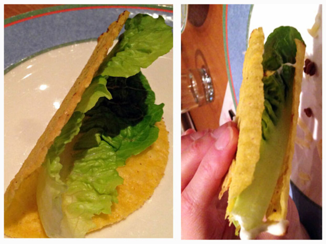 SMART SALAT: I tillegg til å gi god smak fungerer salatbladet som et indre skjell for tacoen som holder innholdet inntakt. På bildet til høyre ser du hvordan salatbladet holder alt på plass når skjellet har delt seg. Foto: Silje Ulveseth/KK.no SMART SALAT: I tillegg til å gi god smak fungerer salatbladet som et indre skjell for tacoen som holder innholdet inntakt. På bildet til høyre ser du hvordan salatbladet holder alt på plass når skjellet har delt seg. Foto: Silje Ulveseth/KK.no