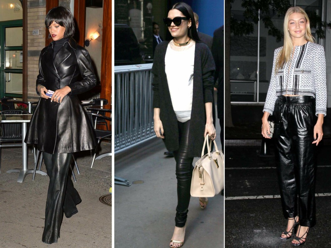 <strong>SHINY SKINN KAN VIRKE FORSTØRRENDE:</strong> Rihanna i helblankt antrekk, Jessie J i en matt bukse med perfekt lengde og Gigi Hadid i en skinnende løs modell. Foto: All Over Press <strong>SHINY SKINN KAN VIRKE FORSTØRRENDE:</strong> Rihanna i helblankt antrekk, Jessie J i en matt bukse med perfekt lengde og Gigi Hadid i en skinnende løs modell. Foto: All Over Press