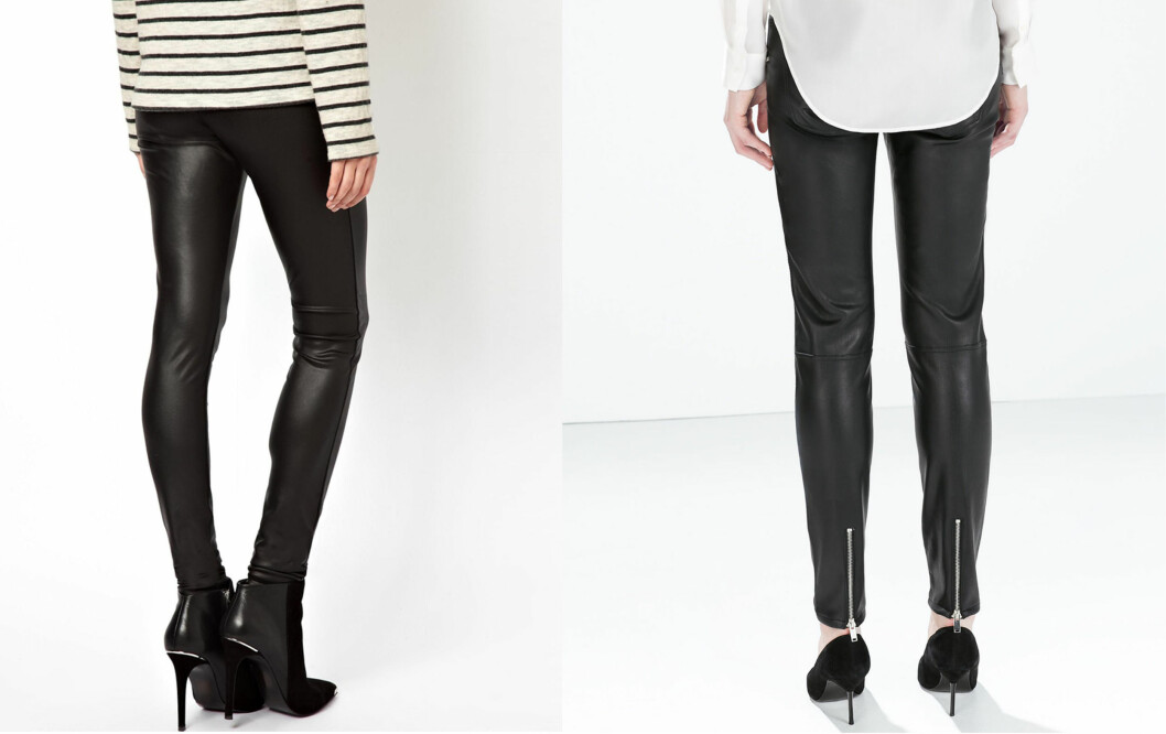 <strong>DETTE ER EN TIGHTS - OG BØR HELST DEKKES TIL MED EN LITT LANG OVERDEL:</strong> Mange mener en lommeløs bukse i skinnimitasjon krever en ekstra lang topp eller genser. Til venstre en enkel modell (kr 214, Asos.com) og med glidelås (kr 400, Zara). Foto: Produsenter <strong>DETTE ER EN TIGHTS - OG BØR HELST DEKKES TIL MED EN LITT LANG OVERDEL:</strong> Mange mener en lommeløs bukse i skinnimitasjon krever en ekstra lang topp eller genser. Til venstre en enkel modell (kr 214, Asos.com) og med glidelås (kr 400, Zara). Foto: Produsenter
