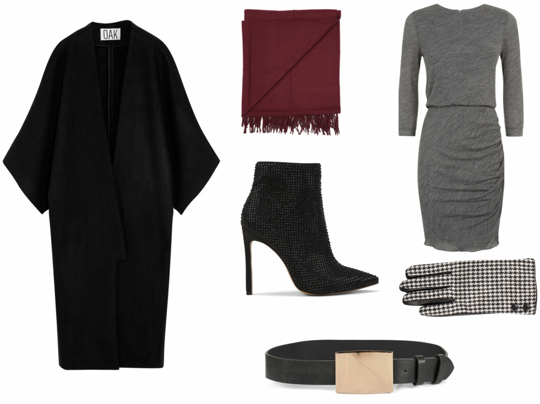 TIPS TIL STYLING: Kåpe (kr 3950, net-a-porter.com), kjole (kr 2500, Haaning og Htoon), skjerf (kr 200, Bik Bok), Sko (kr 1100, Aldo), belte (kr 130, Bik Bok) og handsker (kr 230, nelly.com). Foto: Produsentene TIPS TIL STYLING: Kåpe (kr 3950, net-a-porter.com), kjole (kr 2500, Haaning og Htoon), skjerf (kr 200, Bik Bok), Sko (kr 1100, Aldo), belte (kr 130, Bik Bok) og handsker (kr 230, nelly.com). Foto: Produsentene