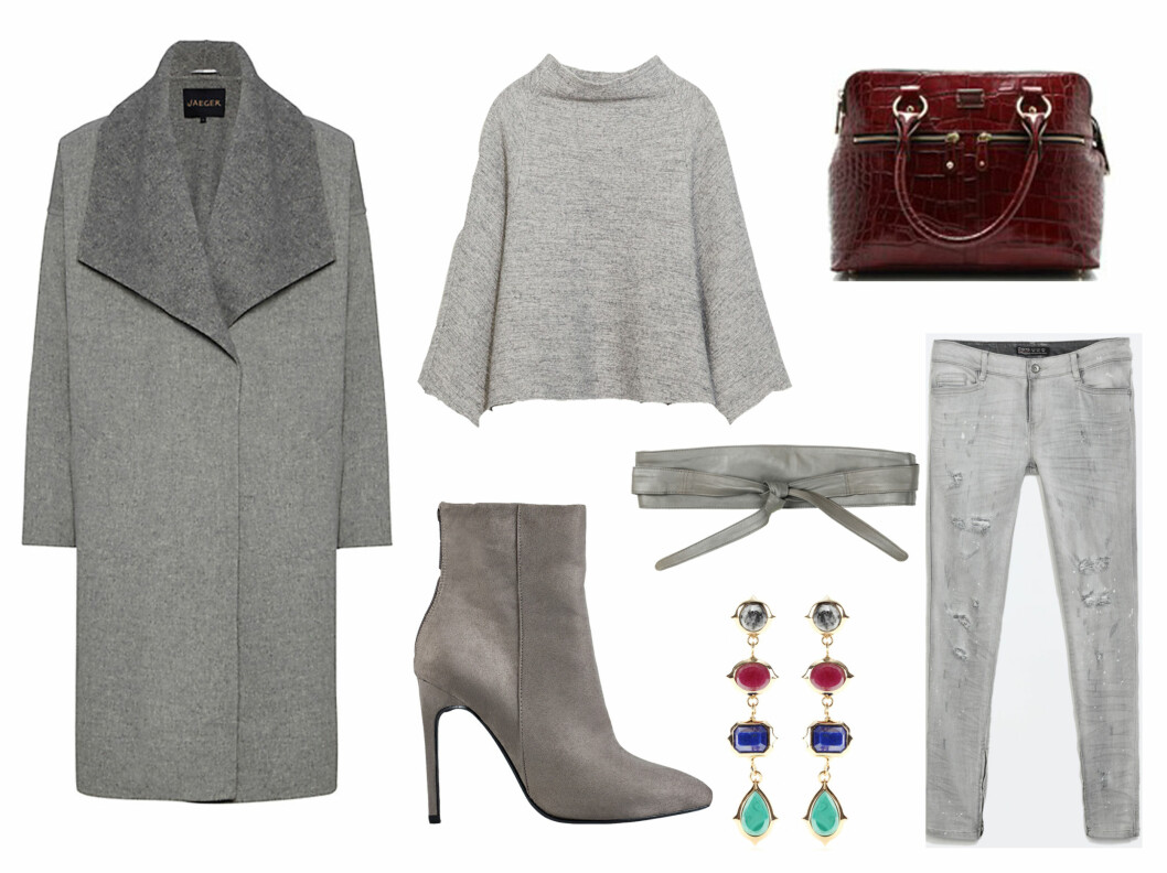 TIPS TIL STYLING: Kåpe (kr 4710, Jaeger/johnlewis.com), genser (kr 700, Zara), jeans (kr 400, Zara), sko (kr 400, nelly.com), belte (kr 700, Becksøndergaard), veske (kr 3500, Modalu) og øredobber (kr 800, mytheresa.com). Foto: Produsentene TIPS TIL STYLING: Kåpe (kr 4710, Jaeger/johnlewis.com), genser (kr 700, Zara), jeans (kr 400, Zara), sko (kr 400, nelly.com), belte (kr 700, Becksøndergaard), veske (kr 3500, Modalu) og øredobber (kr 800, mytheresa.com). Foto: Produsentene