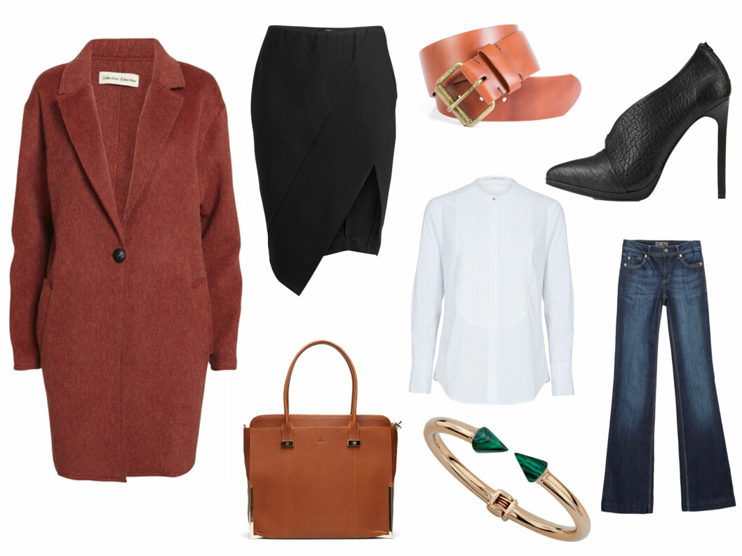 TIPS TIL STYLING: Kåpe (kr 2000, Hawk), skjørt (kr 300, Lindex), skjorte (kr 900, Custommade), jeans (kr 400, Zara), belte (kr250, Bik Bok), sko (kr 1100, Aldo) og veske (kr 3000, Adax). Foto: Produsentene TIPS TIL STYLING: Kåpe (kr 2000, Hawk), skjørt (kr 300, Lindex), skjorte (kr 900, Custommade), jeans (kr 400, Zara), belte (kr250, Bik Bok), sko (kr 1100, Aldo) og veske (kr 3000, Adax). Foto: Produsentene
