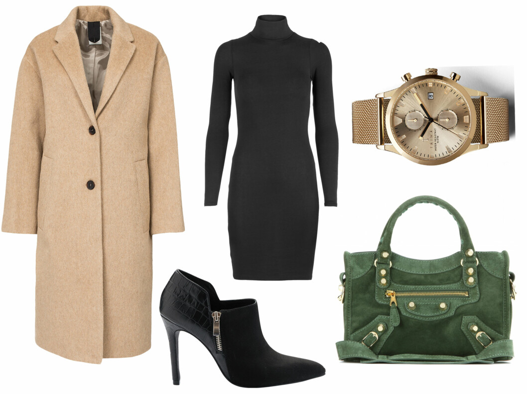 Kåpe (kr 4295, woodwood/nelly.com), kjole (kr 600, Samsøe Samsøe), sko (kr 700, Bianco), veske (kr 6750, Balenciaga/mytheresa.com) og klokke (kr 2195, Triwa). Foto: Produsentene Kåpe (kr 4295, woodwood/nelly.com), kjole (kr 600, Samsøe Samsøe), sko (kr 700, Bianco), veske (kr 6750, Balenciaga/mytheresa.com) og klokke (kr 2195, Triwa). Foto: Produsentene