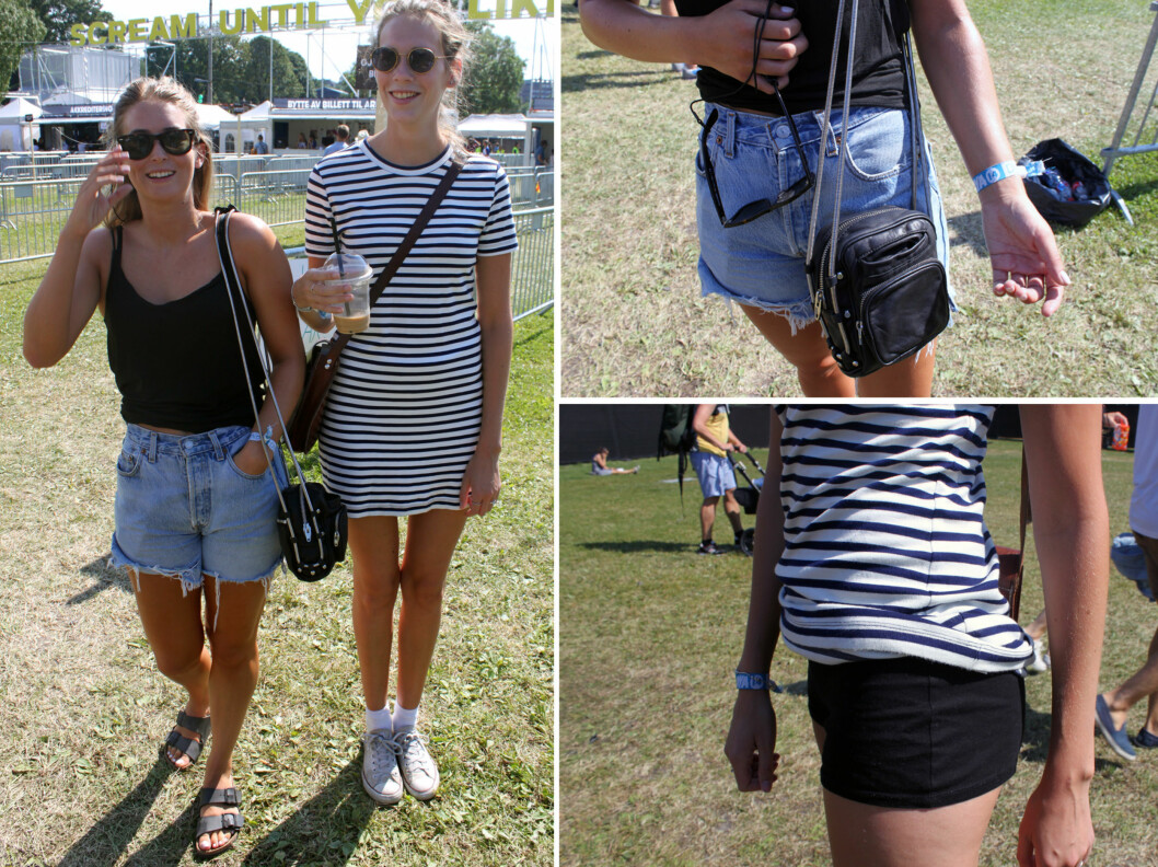 Felicia og Mathilde viser frem festivalantrekkene sine. Felicia har Levis-shorts og singlet fra HM. Mathilde viser frem det som skulle vise seg å være et veldig vanlig triks blant festivaljentene: shorts under kjolen! Foto: Cecilie Leganger Felicia og Mathilde viser frem festivalantrekkene sine. Felicia har Levis-shorts og singlet fra HM. Mathilde viser frem det som skulle vise seg å være et veldig vanlig triks blant festivaljentene: shorts under kjolen! Foto: Cecilie Leganger