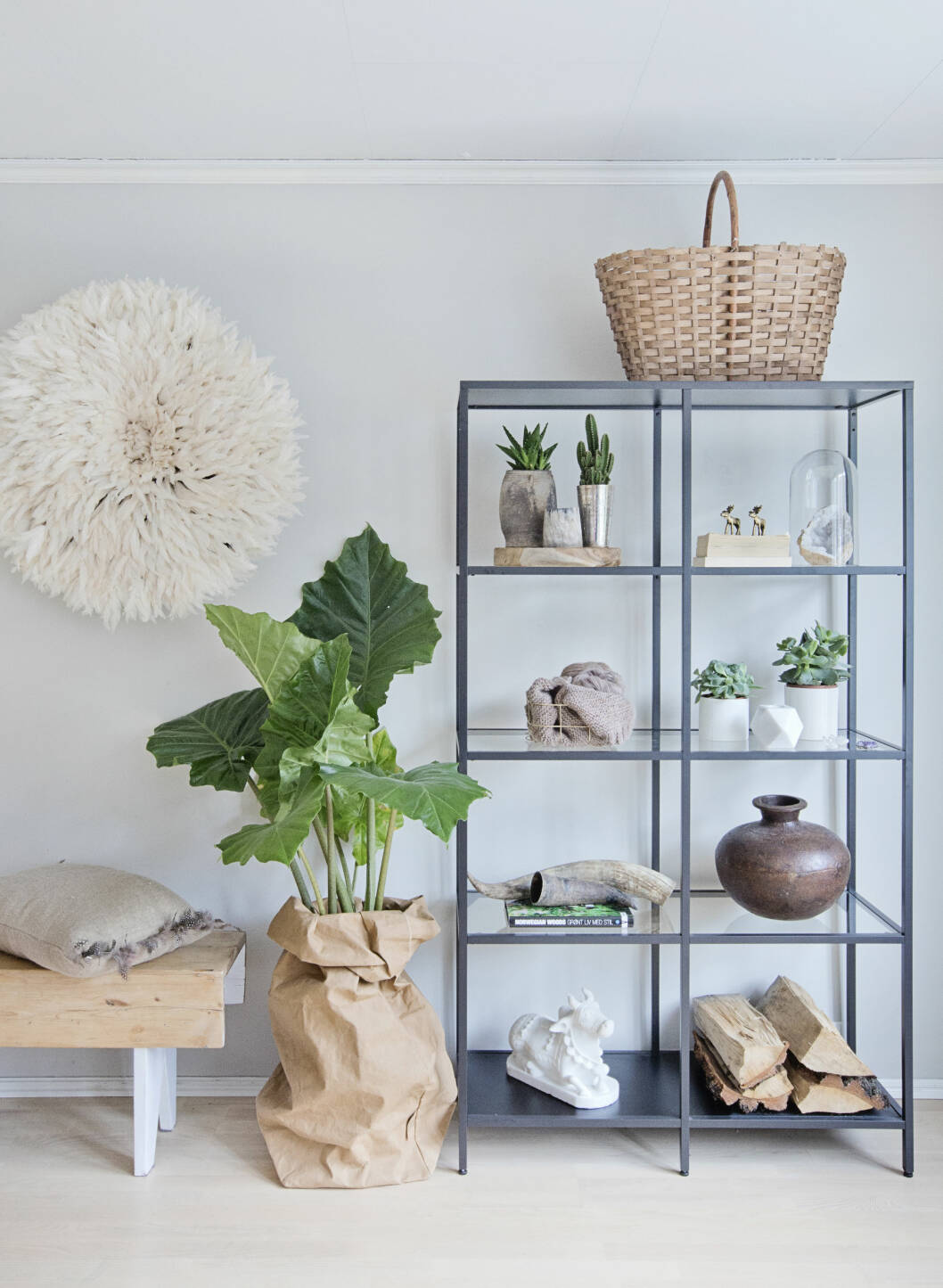 INSPIRASJON: En pose i ubleket papir blir et perfekt sted for de grønne plantene, og lek deg med treverk du finner ute. Foto: Jorunn Tharaldsen INSPIRASJON: En pose i ubleket papir blir et perfekt sted for de grønne plantene, og lek deg med treverk du finner ute. Foto: Jorunn Tharaldsen