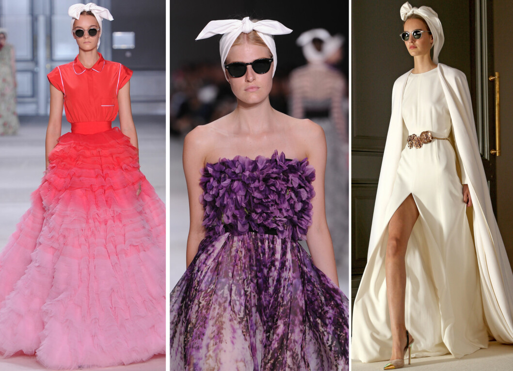 HODEPLAGG: Skjerf brukt som hodeplagg på Giambattista Vallis haute coture visning i Paris denne uken. Foto: All Over Press HODEPLAGG: Skjerf brukt som hodeplagg på Giambattista Vallis haute coture visning i Paris denne uken. Foto: All Over Press