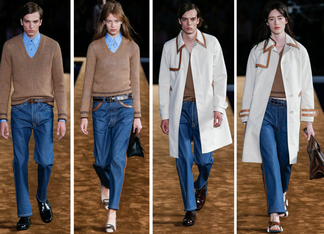 PRADA RESORT 2015: Damekolleksjon er tydelig inspirert av herregarderoben, og noen av antrekkene som ble vist på catwalken var nærmest identiske til dame og herre. Foto: All Over Press PRADA RESORT 2015: Damekolleksjon er tydelig inspirert av herregarderoben, og noen av antrekkene som ble vist på catwalken var nærmest identiske til dame og herre. Foto: All Over Press