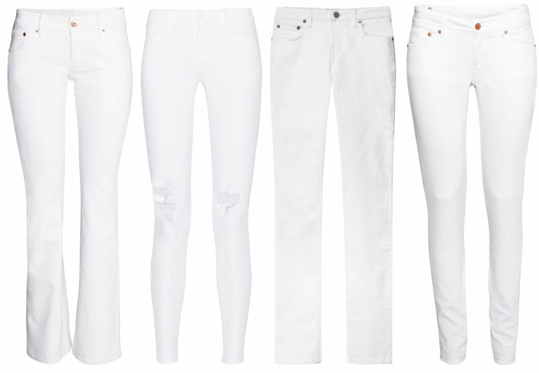 JEANS SOM FÅR DEG I GODT HUMØR: Med sleng (kr 400, HM), med hull på knærne (cirka kr 2400, J Brand/Net-a-Porter.com), rett fasong (kr 1000, Filippa K) og skinny (kr 200, HM). Foto: Produsenter JEANS SOM FÅR DEG I GODT HUMØR: Med sleng (kr 400, HM), med hull på knærne (cirka kr 2400, J Brand/Net-a-Porter.com), rett fasong (kr 1000, Filippa K) og skinny (kr 200, HM). Foto: Produsenter