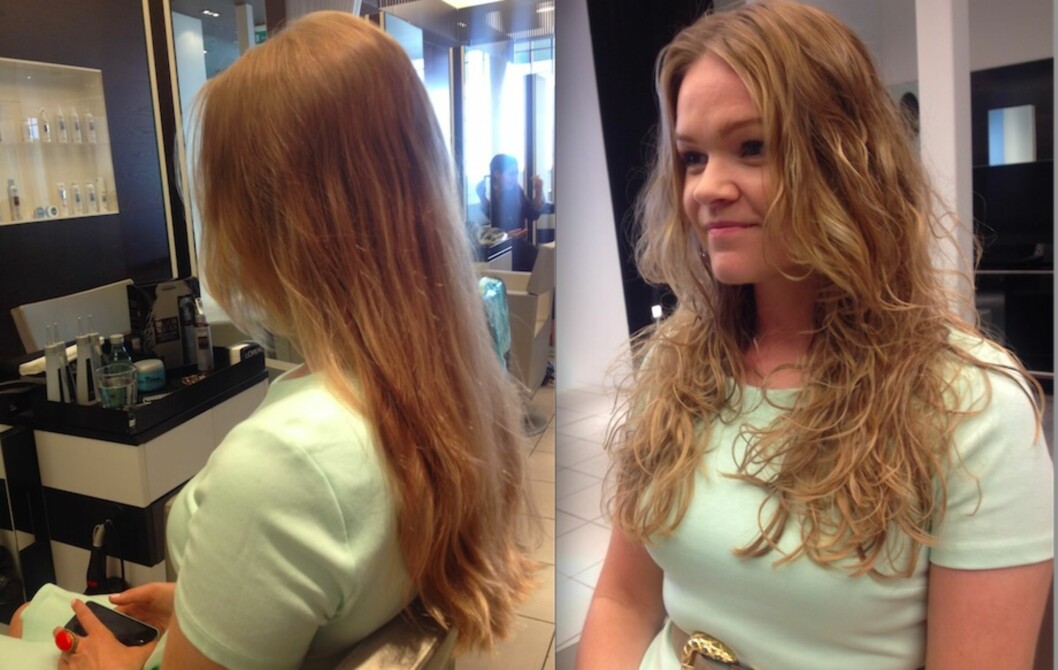 <strong>FØR OG ETTER:</strong> Håret mitt har noe naturlig fall, som jeg kan framheve ved å bruke stylingprodukter, men det ble absolutt enklere å få fram bølgene av Beach Waves-behandlingen. Selv med behandlingen kreves det imidlertid en del styling for å få det store, bølgete resultatet jeg var ute etter. Foto: Aina Kristiansen <strong>FØR OG ETTER:</strong> Håret mitt har noe naturlig fall, som jeg kan framheve ved å bruke stylingprodukter, men det ble absolutt enklere å få fram bølgene av Beach Waves-behandlingen. Selv med behandlingen kreves det imidlertid en del styling for å få det store, bølgete resultatet jeg var ute etter. Foto: Aina Kristiansen
