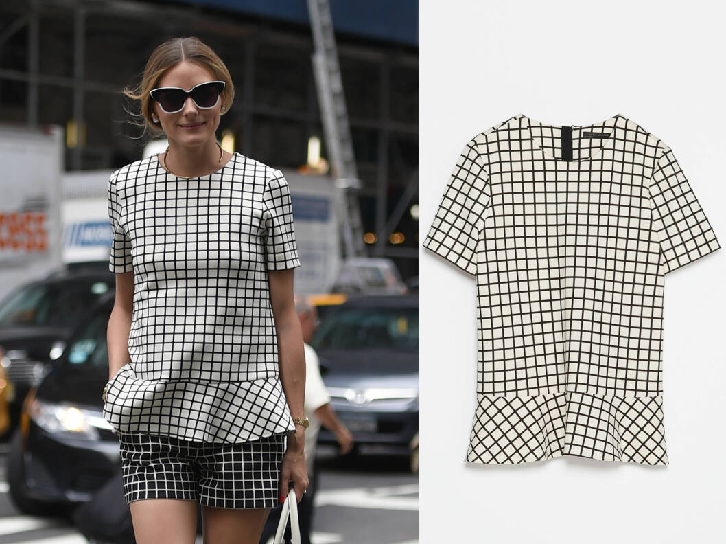 OLIVIA PALERMO I ZARA: Stilikonet og it-jenta Olivia Palermo går for mønster på mønster, og kombinerer sin peplumtopp med en rutete shorts. Topp (kr 300, Zara). Foto: All Over Press og produsenten OLIVIA PALERMO I ZARA: Stilikonet og it-jenta Olivia Palermo går for mønster på mønster, og kombinerer sin peplumtopp med en rutete shorts. Topp (kr 300, Zara). Foto: All Over Press og produsenten