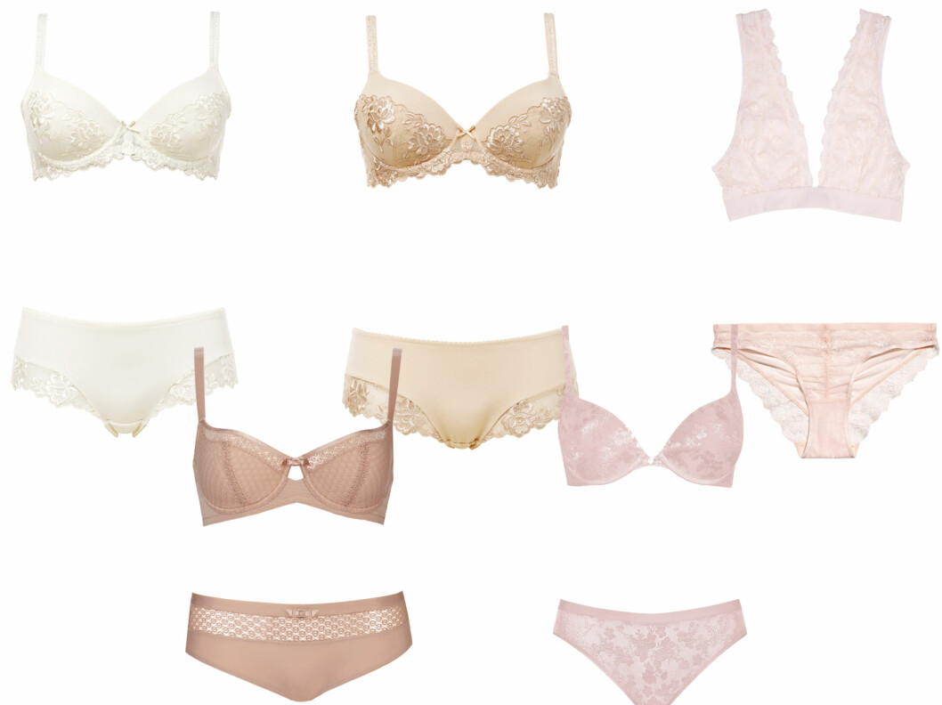 <strong>DUST OG DELIKAT:</strong> Hvit blonde-bh (kr 300) og truse (kr 150, Triumph), blomstermønstret sett (kr 450, Triumph), blonde-bh (kr 350) og truse (kr 250, Ganni), beige bh (kr 500) og truse (kr 200, Triumph) og pudderfarget sett (kr 500, Triumph). Foto: Produsenter <strong>DUST OG DELIKAT:</strong> Hvit blonde-bh (kr 300) og truse (kr 150, Triumph), blomstermønstret sett (kr 450, Triumph), blonde-bh (kr 350) og truse (kr 250, Ganni), beige bh (kr 500) og truse (kr 200, Triumph) og pudderfarget sett (kr 500, Triumph). Foto: Produsenter