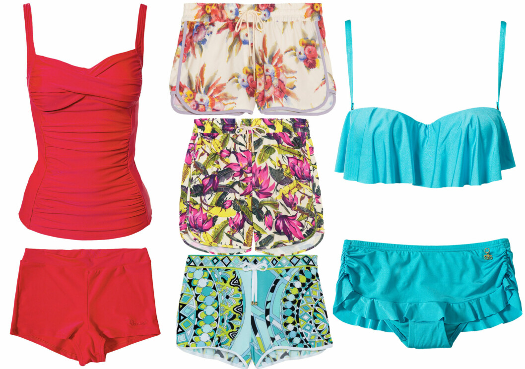 BADETØY SOM DEKKER LITT EKSTRA: Lyserødt sett (kr 900, Panos Emporio/Nelly.com), blomstret shorts (cirka kr 1600) og i tropiske farger (cirka kr 1500, begge fra Zimmermann/Net-a-Porter.com), turkis lycra til luksuspris (cirka kr 2200, Emilio Pucci/Net-a-Porter.com) og utrkis bikini med stor badebukse (kr 880, Sunseeker/Nelly.com). Foto: Produsenter BADETØY SOM DEKKER LITT EKSTRA: Lyserødt sett (kr 900, Panos Emporio/Nelly.com), blomstret shorts (cirka kr 1600) og i tropiske farger (cirka kr 1500, begge fra Zimmermann/Net-a-Porter.com), turkis lycra til luksuspris (cirka kr 2200, Emilio Pucci/Net-a-Porter.com) og utrkis bikini med stor badebukse (kr 880, Sunseeker/Nelly.com). Foto: Produsenter