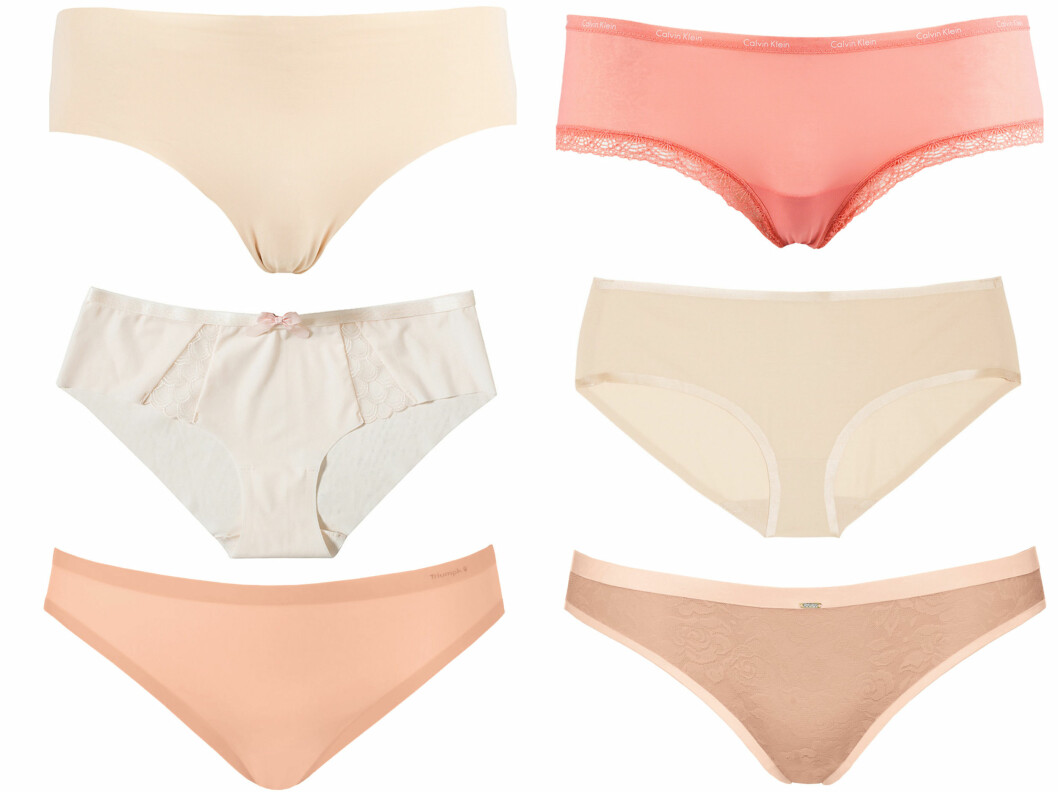 <strong>SØMLØSE TRUSER - SOM SKAPT FOR TYNNE SOMMERKJOLER OG LYSE BUKSER:</strong> Øverst til venstre i hudfarget strecthy materiale (kr 130, Calida), i lyserosa (kr 150, Calvin Klein), med sløyfe (fra Triumph), hudfarget (cirka kr 200, Stella McCartney), i pudder (kr 130) og med blonder (kr 340, begge fra Triumph). Foto: Produsenter <strong>SØMLØSE TRUSER - SOM SKAPT FOR TYNNE SOMMERKJOLER OG LYSE BUKSER:</strong> Øverst til venstre i hudfarget strecthy materiale (kr 130, Calida), i lyserosa (kr 150, Calvin Klein), med sløyfe (fra Triumph), hudfarget (cirka kr 200, Stella McCartney), i pudder (kr 130) og med blonder (kr 340, begge fra Triumph). Foto: Produsenter