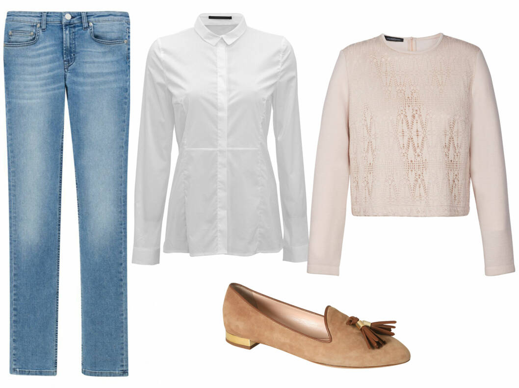 BRUK DEN KORTE TOPPEN MED EN SKJORTE UNDER: Et par lyse jeans er en perfekt base for looen (kr 1300, Filippa K), hvit skjorte som er løs nederst (kr 900, B ruuns Bazar), lyserosa topp (kr 2100, Epilogue) og et par loafers av det velkledde slaget (kr 1795, Rizzo). Foto: Produsenter BRUK DEN KORTE TOPPEN MED EN SKJORTE UNDER: Et par lyse jeans er en perfekt base for looen (kr 1300, Filippa K), hvit skjorte som er løs nederst (kr 900, B ruuns Bazar), lyserosa topp (kr 2100, Epilogue) og et par loafers av det velkledde slaget (kr 1795, Rizzo). Foto: Produsenter
