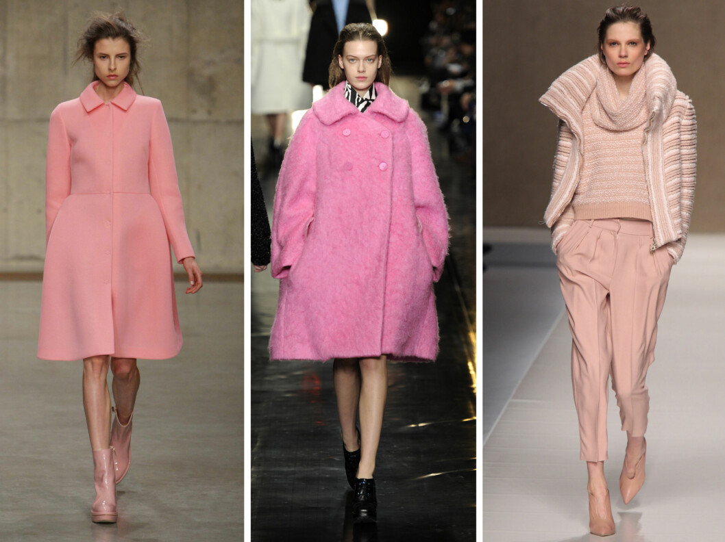 ROSA KÅPER PÅ CATWALKEN: Fra venstre ser vi Simone Rocha, Carven og Blumarine sine rosa jakker fra høsten 2013. Foto: All Over Press ROSA KÅPER PÅ CATWALKEN: Fra venstre ser vi Simone Rocha, Carven og Blumarine sine rosa jakker fra høsten 2013. Foto: All Over Press