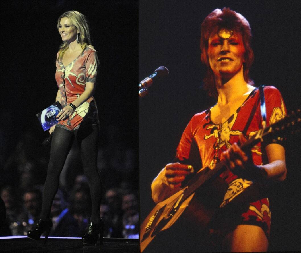 IKONISK: Kate Moss overrasket i playsuiten til Ziggy Stardust. Foto: All Over Press IKONISK: Kate Moss overrasket i playsuiten til Ziggy Stardust. Foto: All Over Press