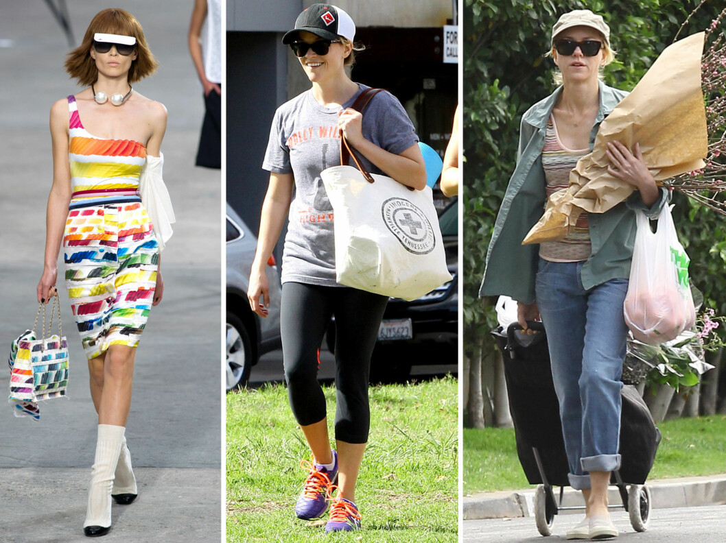 Fra venstre solbriller og caps i ett, på catwalken til Chanel, og skuespillerne Reese Witherspoon og Naomi Watts. Foto: All Over Press Fra venstre solbriller og caps i ett, på catwalken til Chanel, og skuespillerne Reese Witherspoon og Naomi Watts. Foto: All Over Press