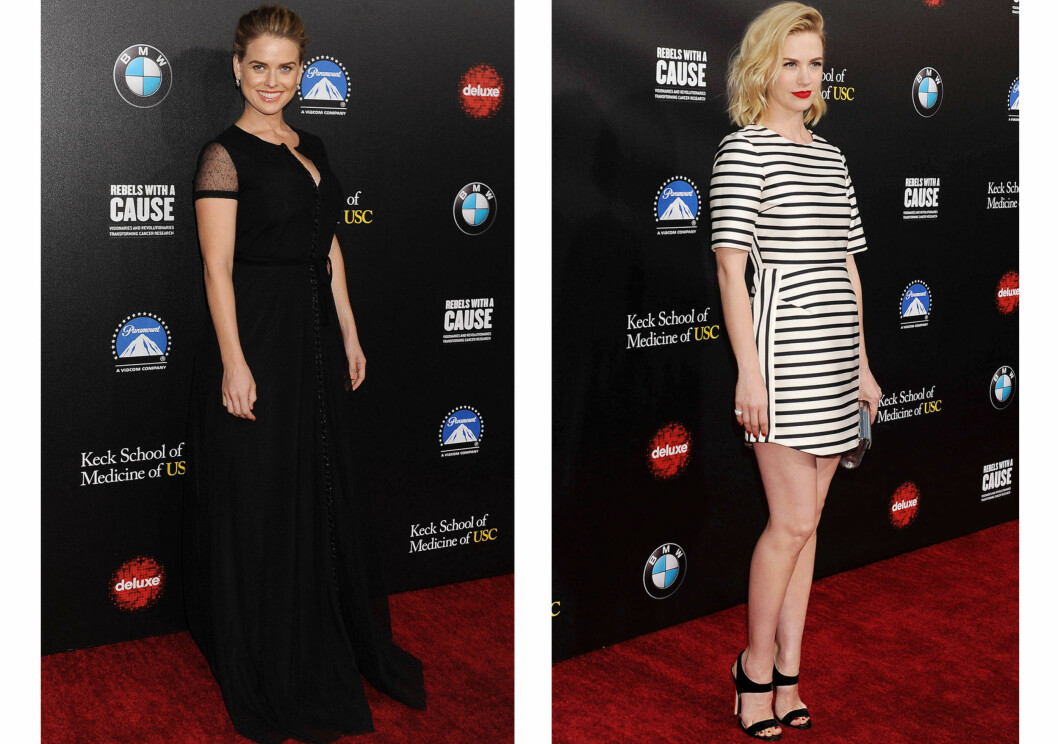 SER DU FORSKJELL?: Skuespiller Alice Eve og January Jones på den samme røde løperen, men med ulike lengder på ermene. Foto: All Over Press SER DU FORSKJELL?: Skuespiller Alice Eve og January Jones på den samme røde løperen, men med ulike lengder på ermene. Foto: All Over Press